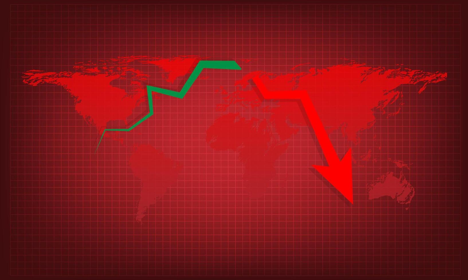 Green upper graph and break down to red arrow graph drop arrow down with world map on red background. Money losing. Stock crisis and finance concept. vector