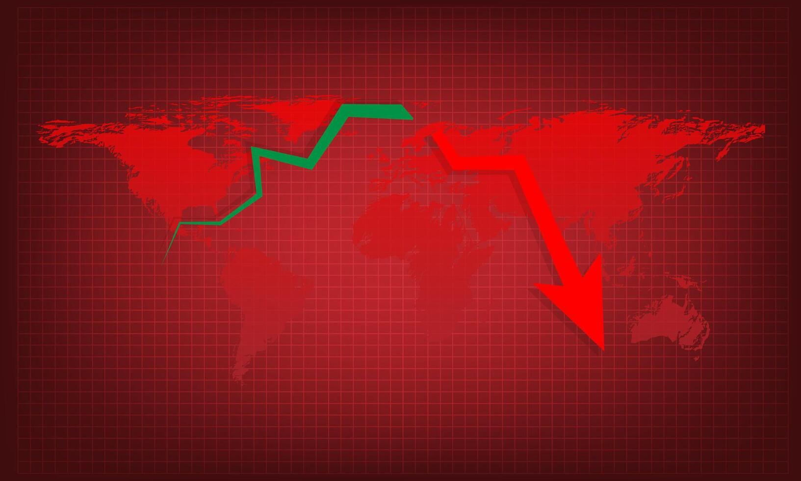 verde Superior grafico y descanso abajo a rojo flecha grafico soltar flecha abajo con mundo mapa en rojo antecedentes. dinero perdiendo. valores crisis y Finanzas concepto. vector