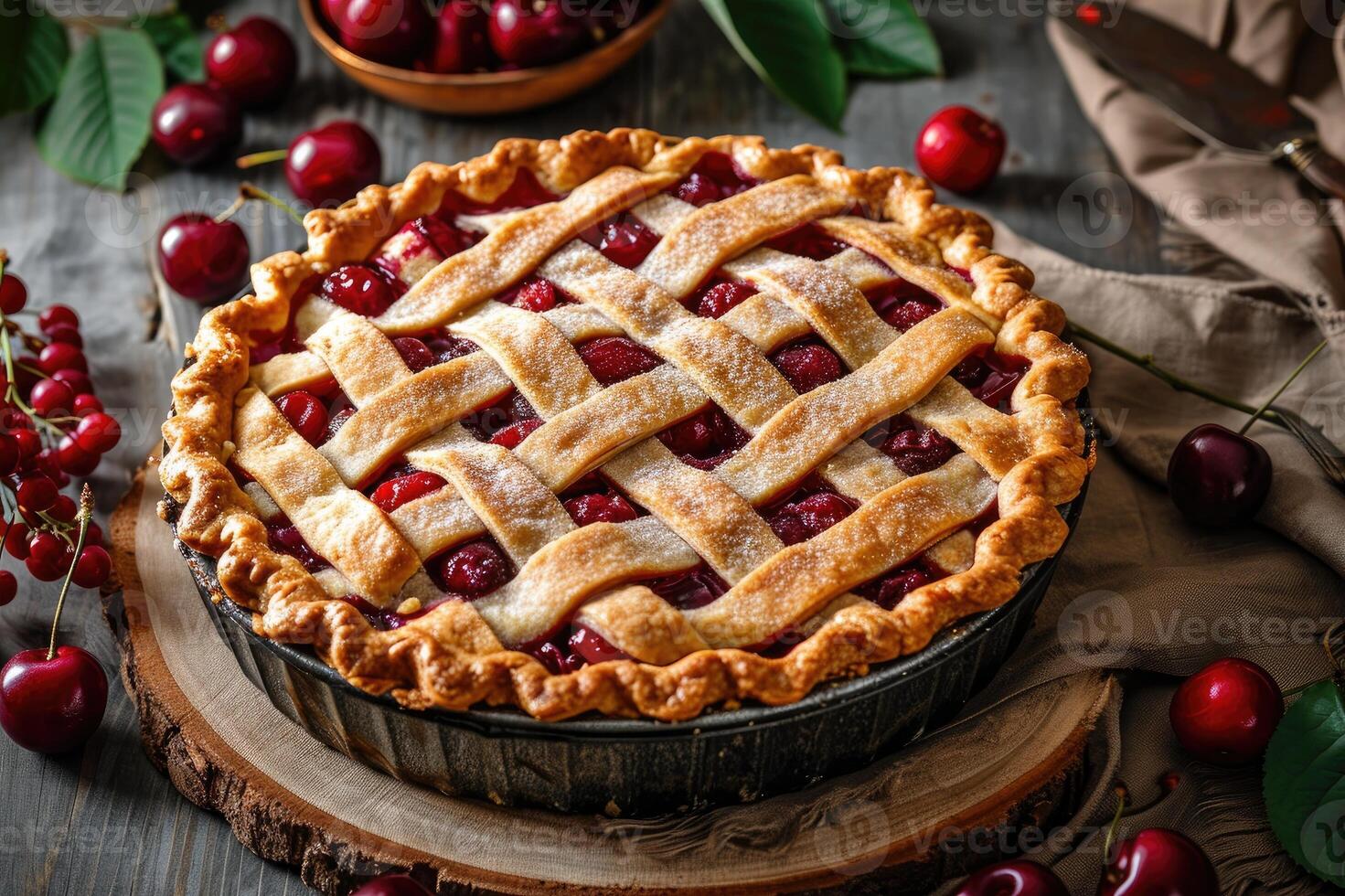 AI generated Homemade cherry pie on rustic background. photo