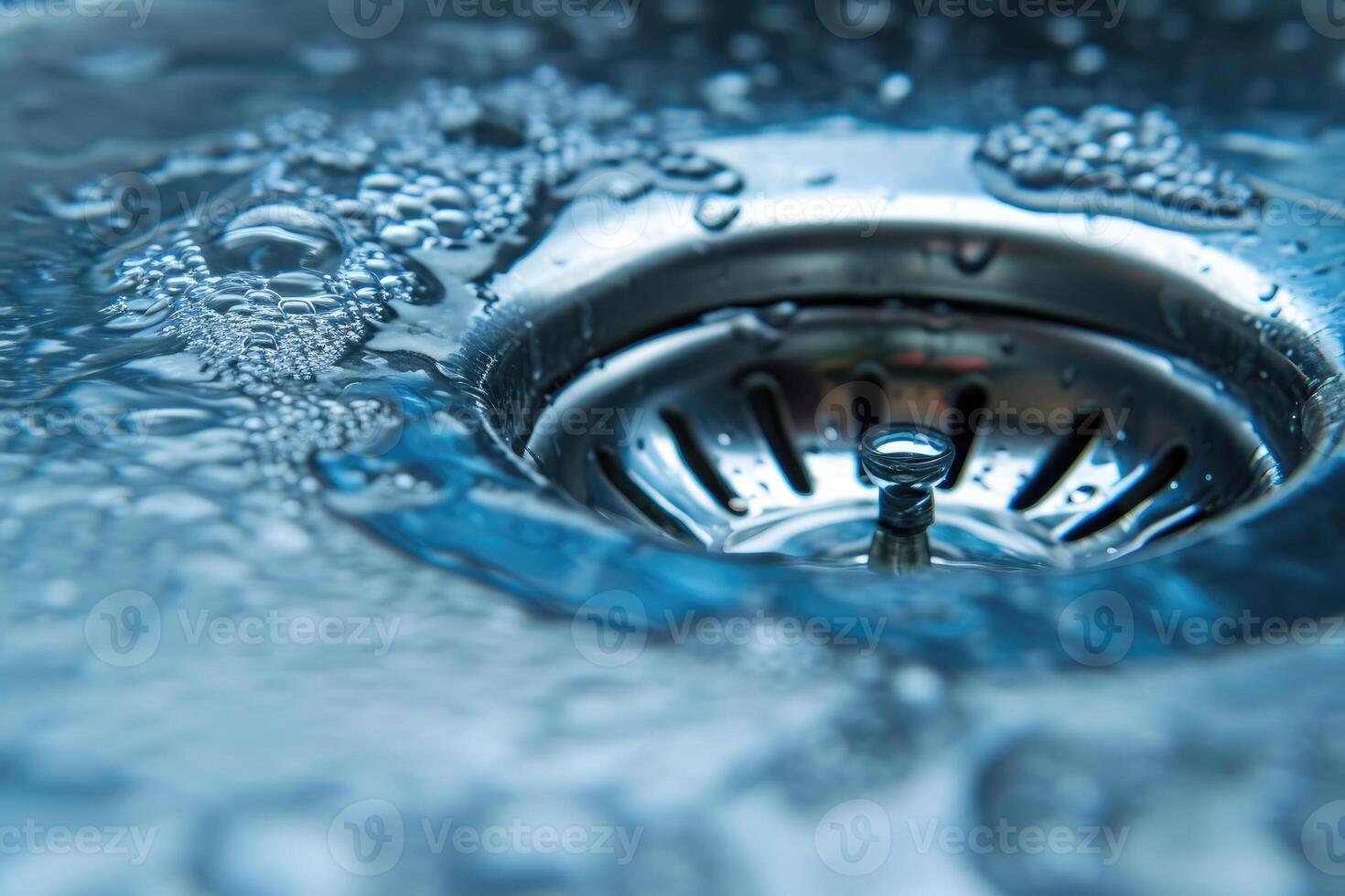 AI generated Stainless steel sink plug hole close up with water photo