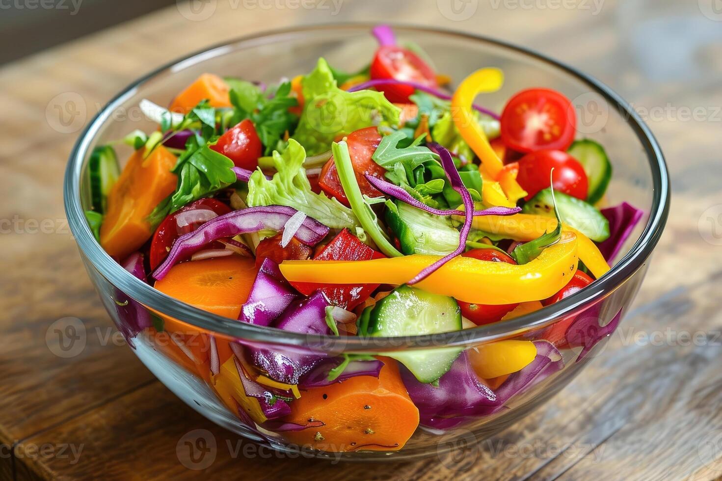 AI generated Mixed vegetable salad in clear glass bowl photo