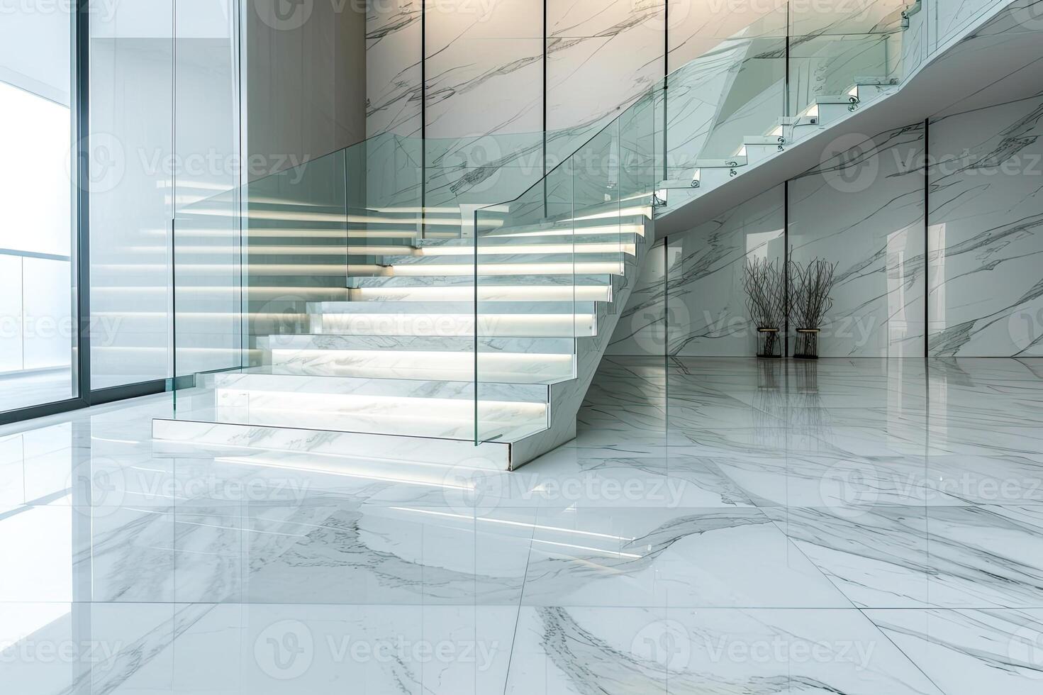 AI generated Luxury white marble L shape stairway with glass. Interior background. photo