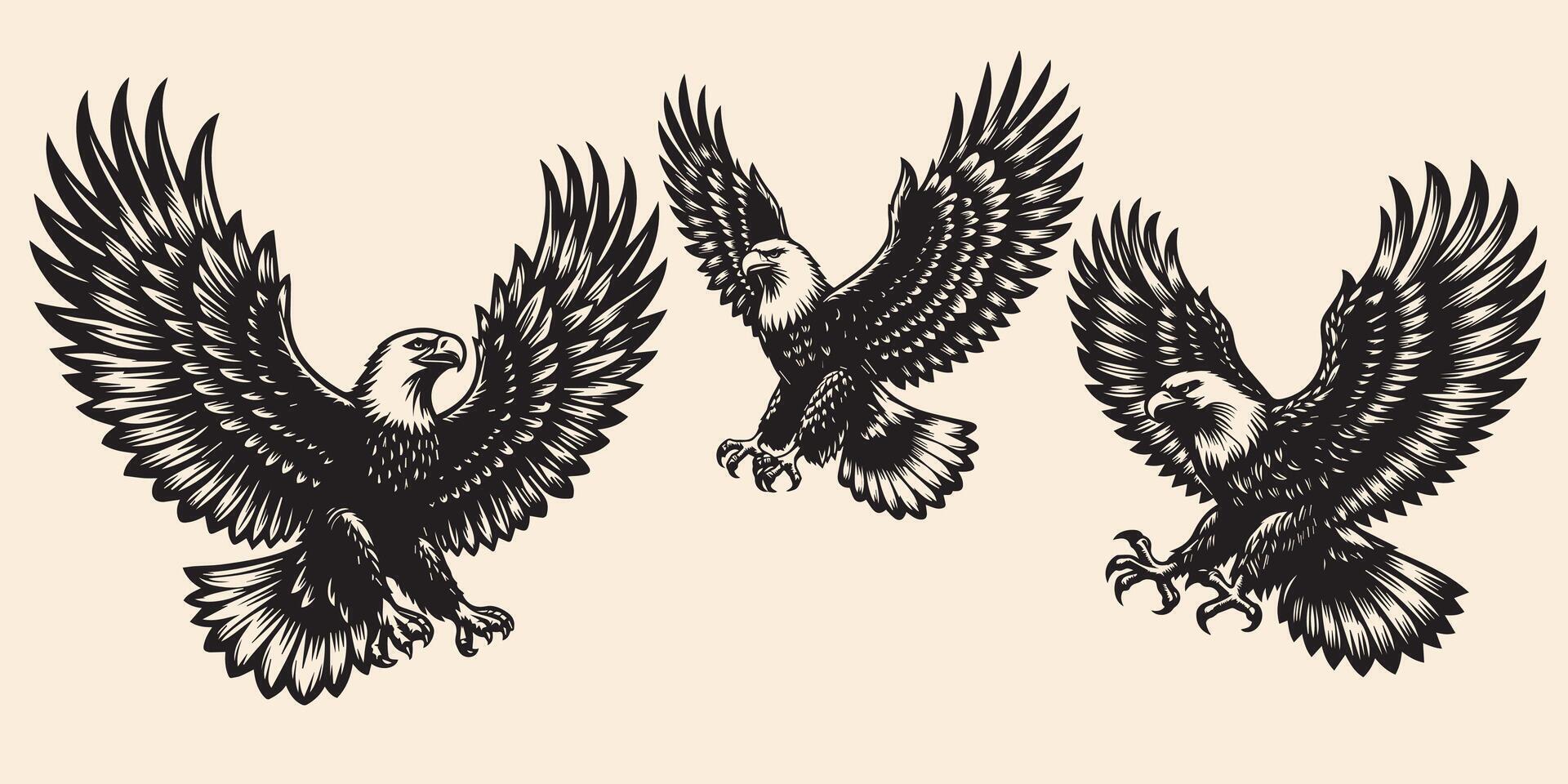 set of eagle wings. vector illustration of black and white tattoo. hand drawn illustration.