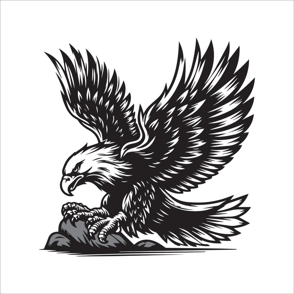 eagle with feathers, vector illustration, logo, emblem, badge, tattoo design, black background, isolated.