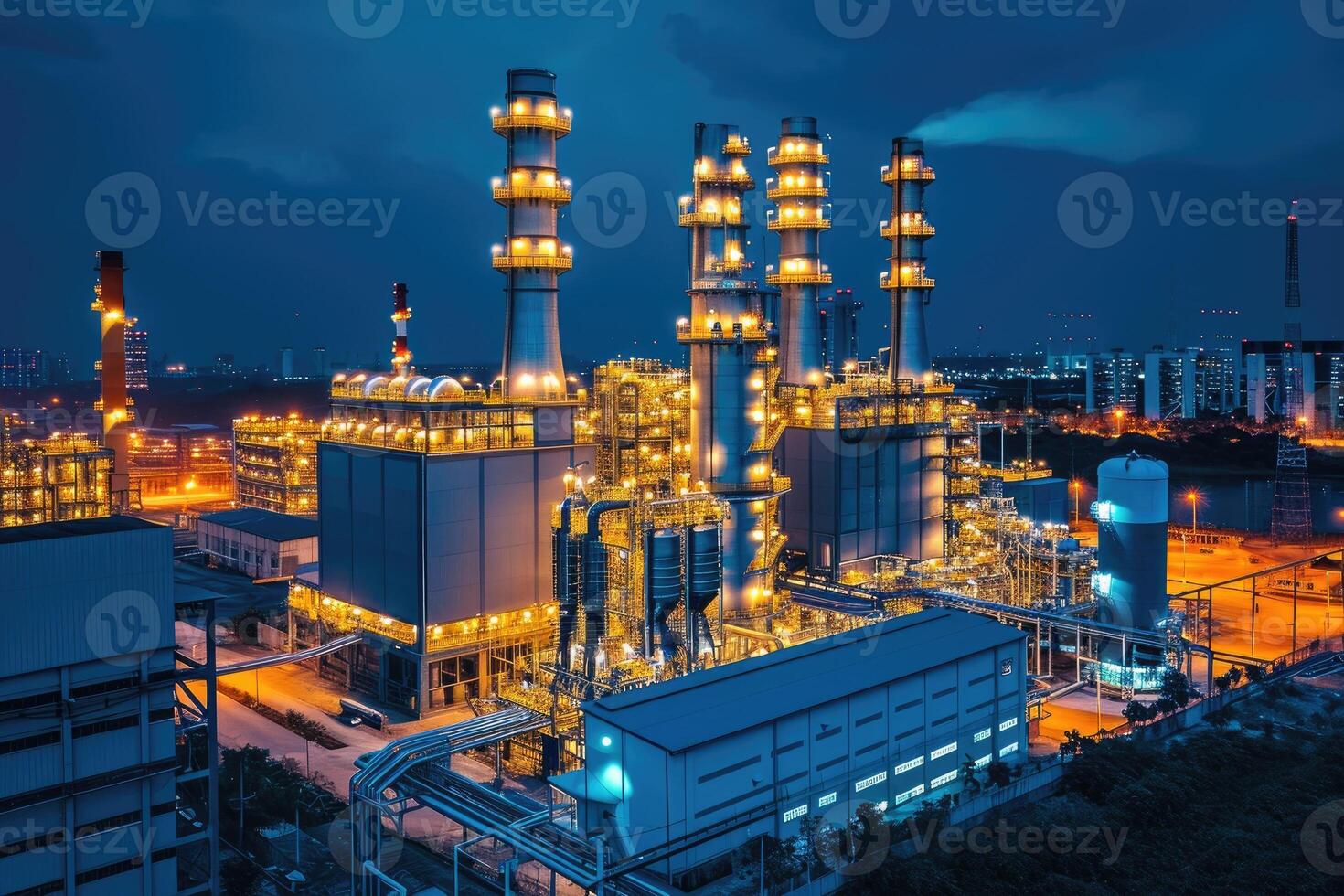 AI generated Gas turbine electric power plant with chimneys in an industrial estate photo