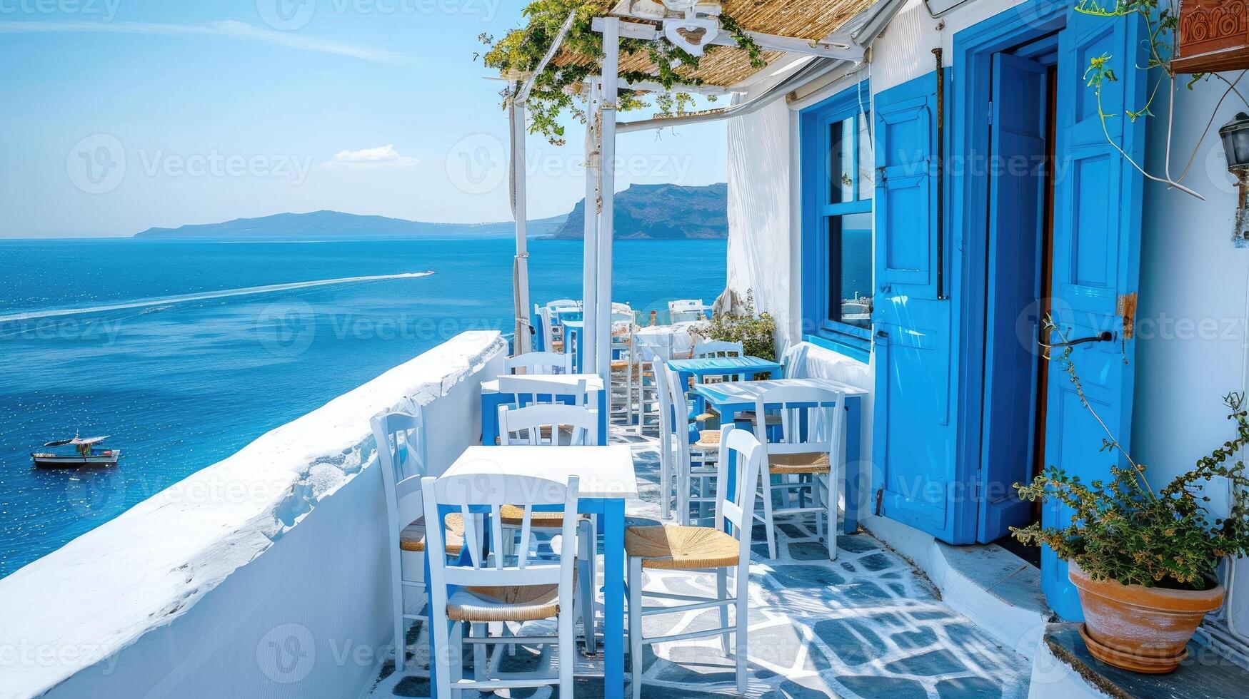 AI generated Greek culture with traditional white and blue greek architecture, taverna by the sea photo