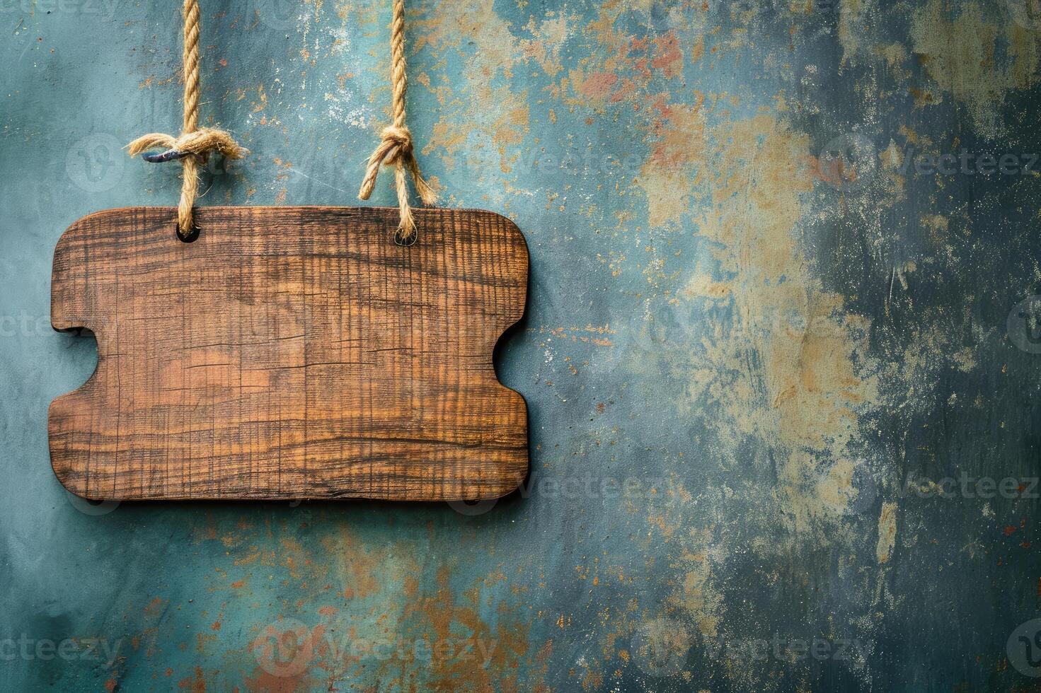 AI generated Wooden sign plain hanging from rope on vintage background photo