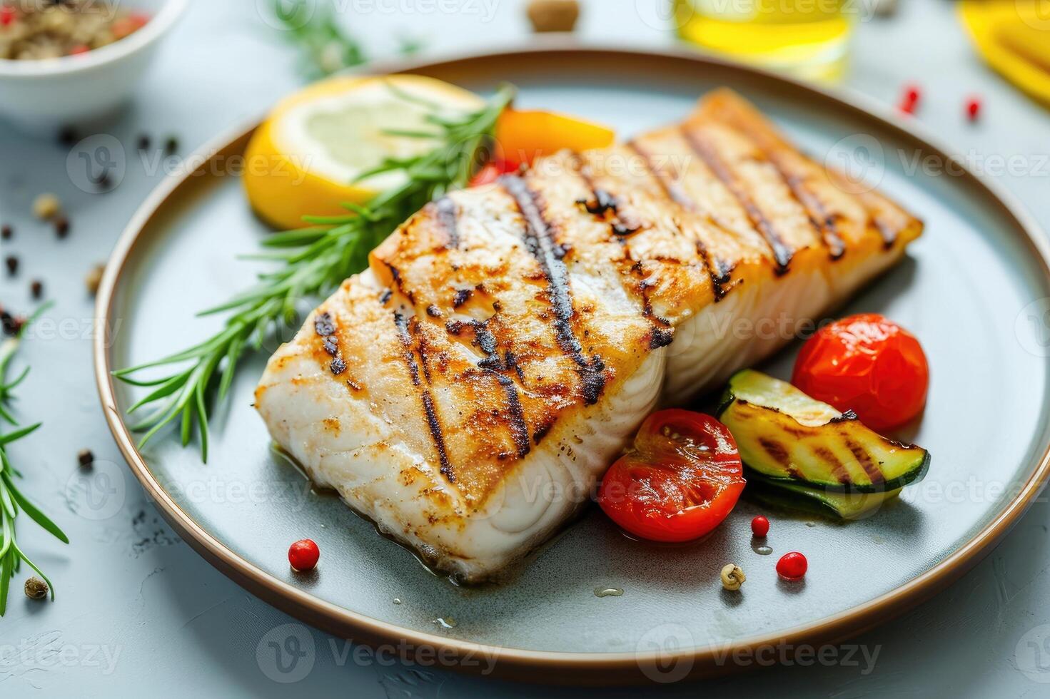 AI generated Grilled fish fillet with vegetables on a plate. photo