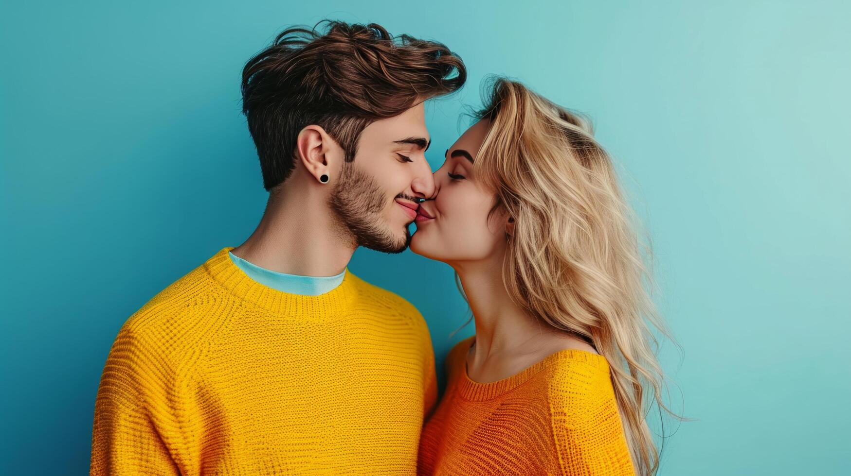 ai generado contento Besos Pareja en minimalista vívido antecedentes con Copiar espacio foto