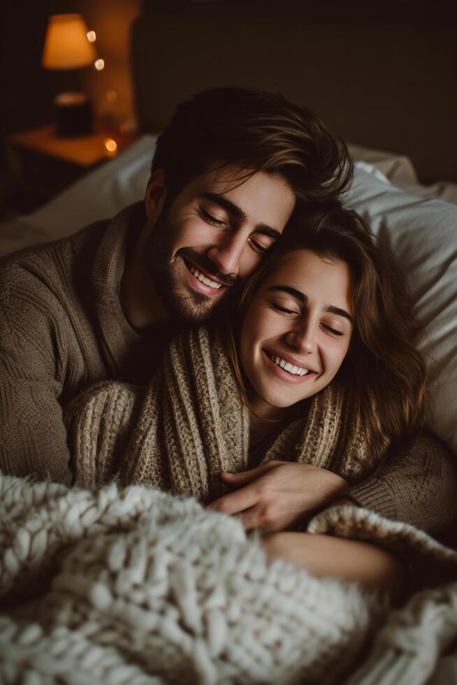 ai generado alto ángulo Disparo de un contento joven Pareja acurrucarse juntos en cama foto