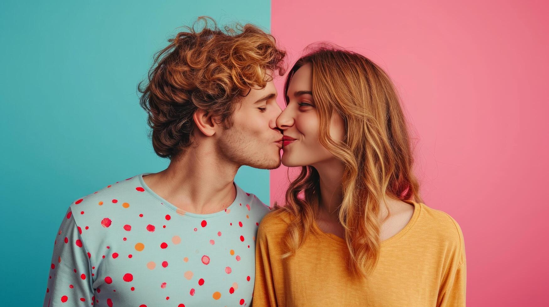 AI generated happy kisses couple on minimalist vivid background with copy space photo
