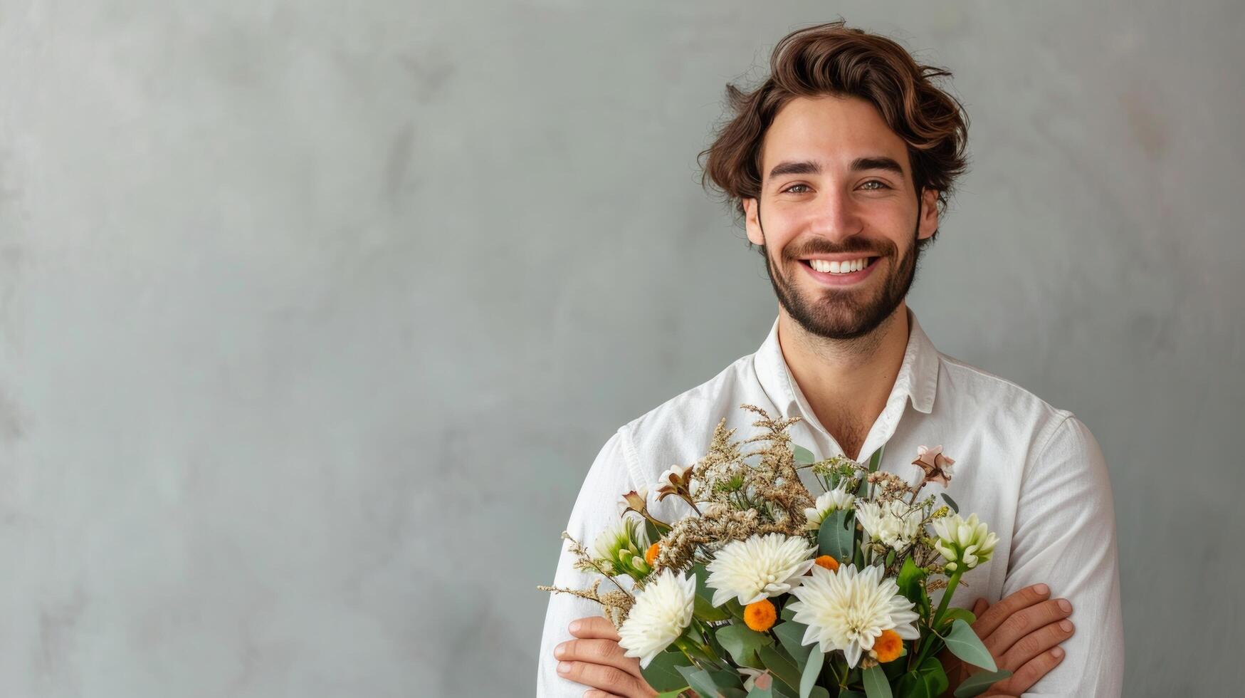 AI generated handsome business man with flower bouquet on minimalist background with copy space photo