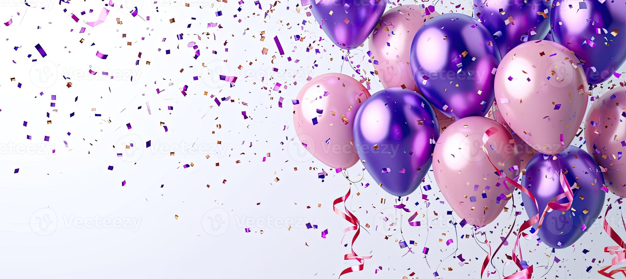 AI generated Purple and pink metallic balloons, confetti and ribbons. Festive card for birthday party, anniversary, new year or other events. photo