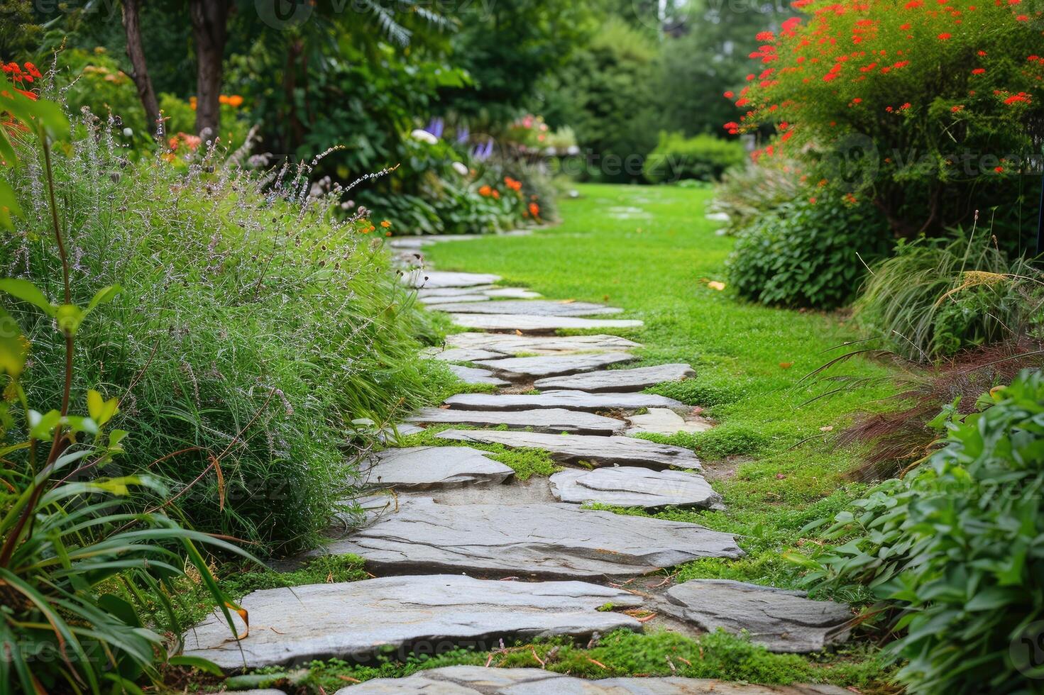 AI generated Stone walk path in the garden. 37223126 Stock Photo