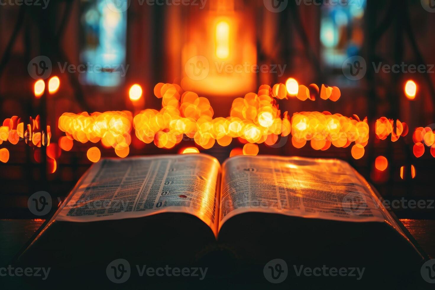 AI generated Open holy bible book with glowing lights in church photo