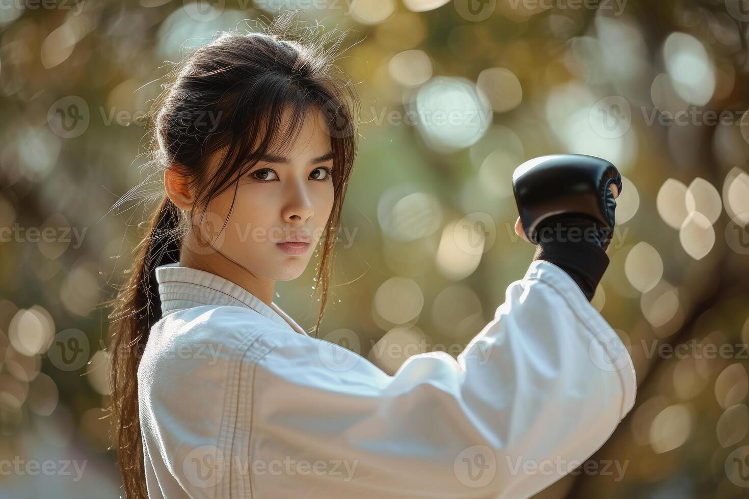 AI generated A beautiful woman in a white kimono and a black belt practices karate photo