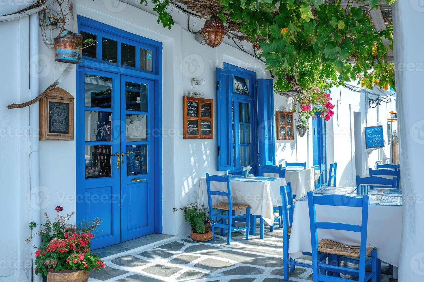 AI generated Greek culture with traditional white and blue greek architecture, taverna photo