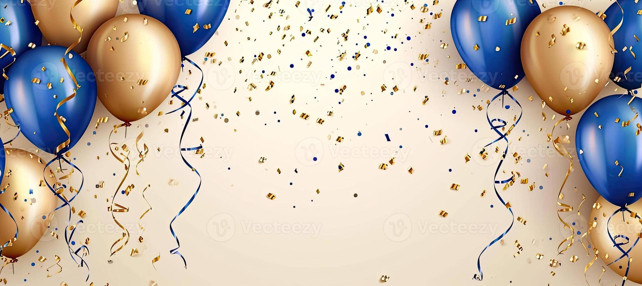 AI generated Golden and blue metallic balloons, confetti and ribbons. Festive card for birthday party, anniversary, new year or other events. photo
