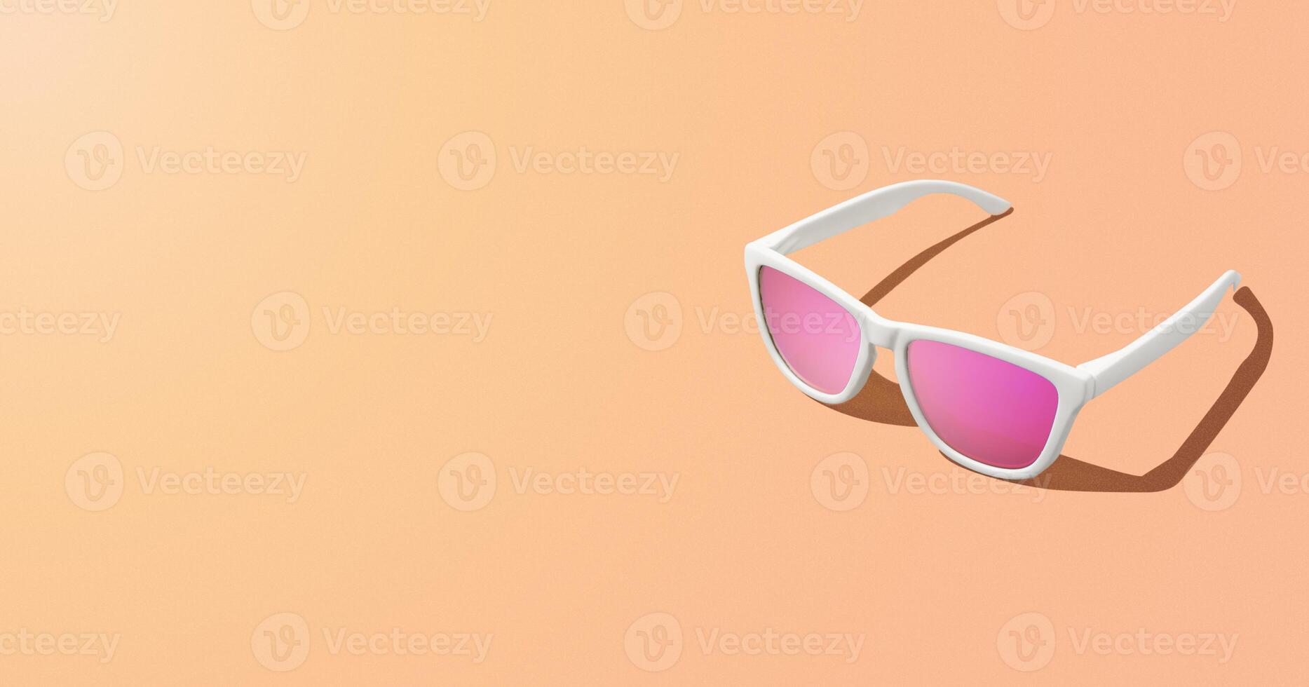 Banner with 3D Render of pink sunglasses over Peach Fuzz color of the year background and copy space. Studio shot. Header banner for promotion and website. photo