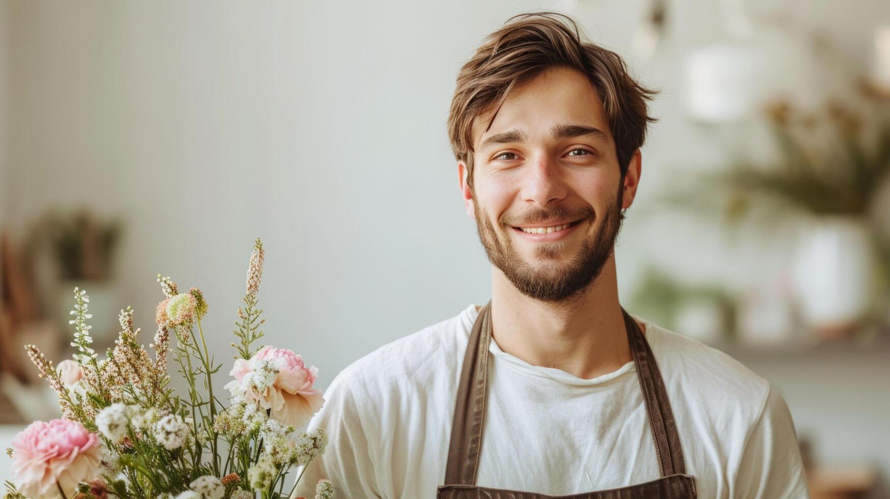 AI generated handsome man with flower bouquet on minimalist background with copy space photo