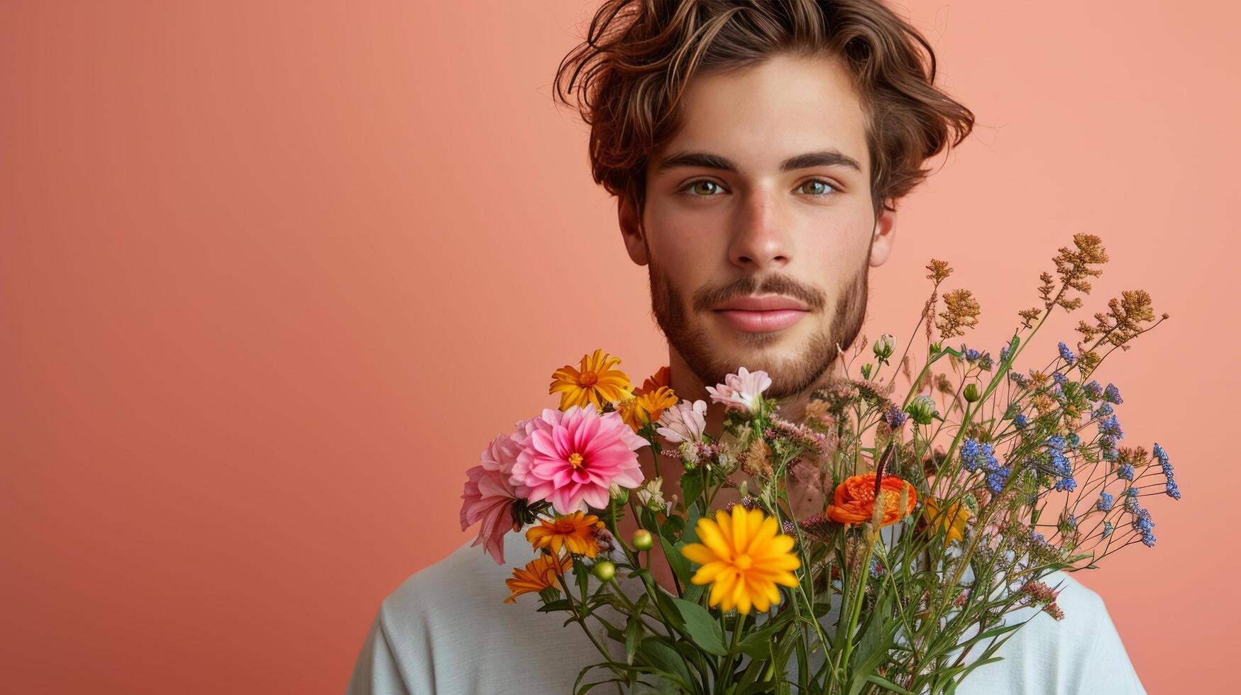 AI generated handsome man with flower bouquet on minimalist background with copy space photo