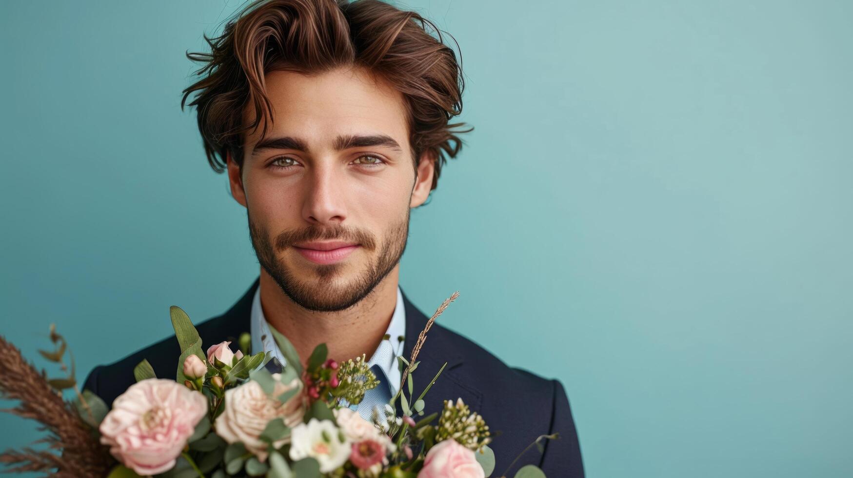 AI generated handsome business man with flower bouquet on minimalist background with copy space photo