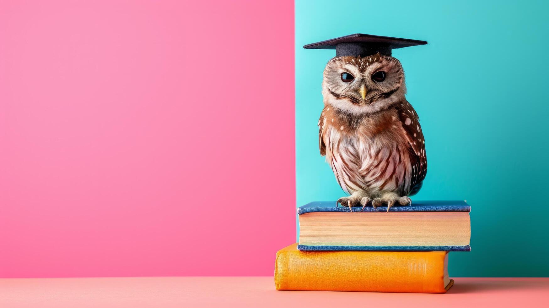 AI generated globe, books and cute owl in graduation cap on minimalist vivid background with copy space photo