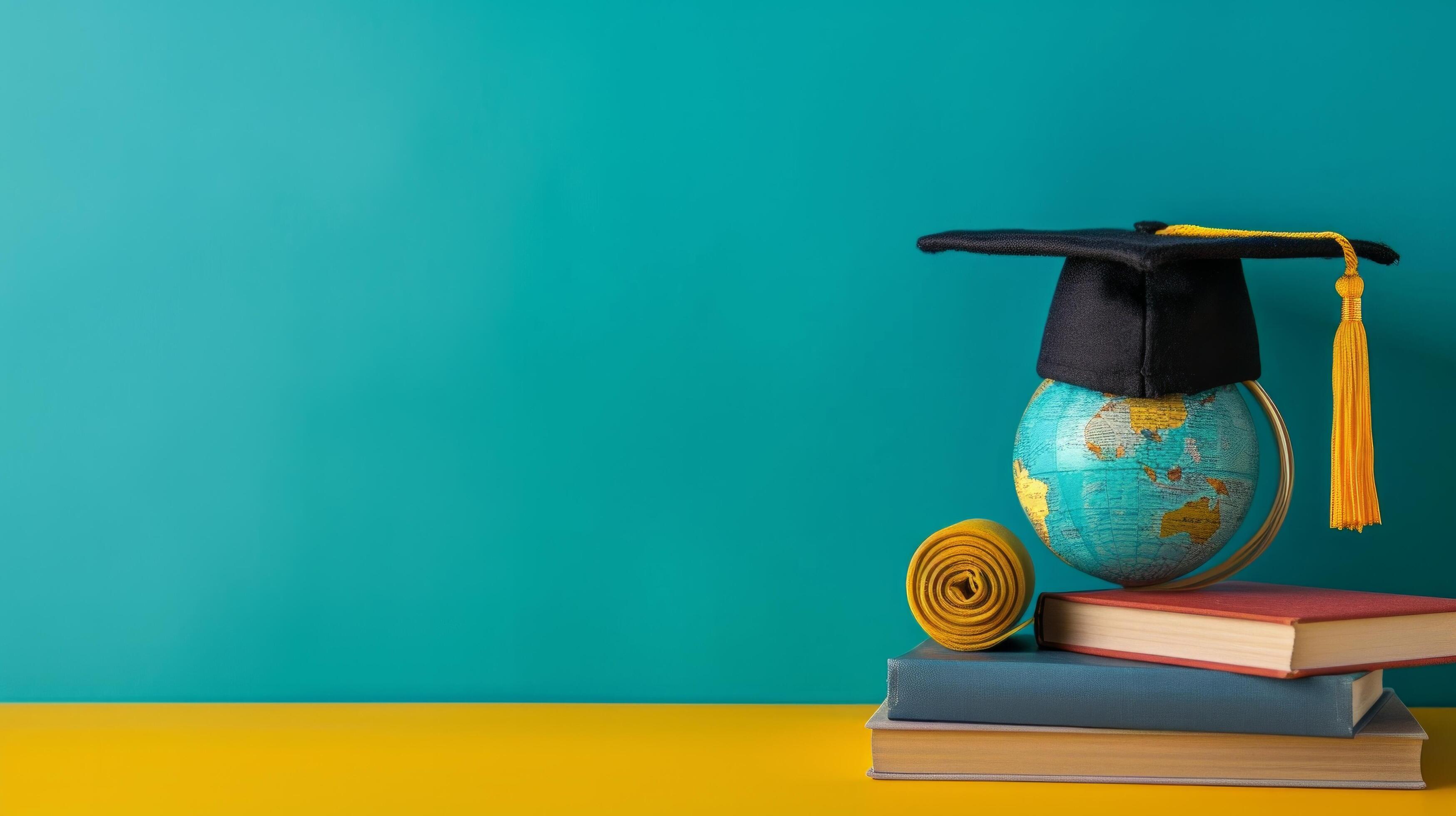 AI generated globe, books and graduation cap on minimalist vivid