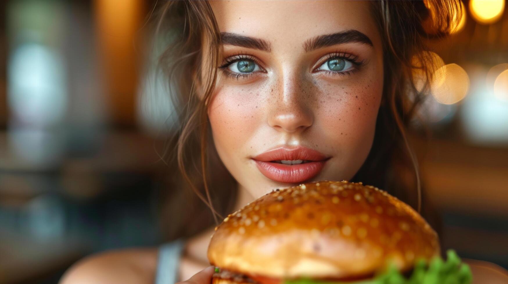 ai generado de cerca retrato de hermosa joven morena mujer con grande hamburguesa foto