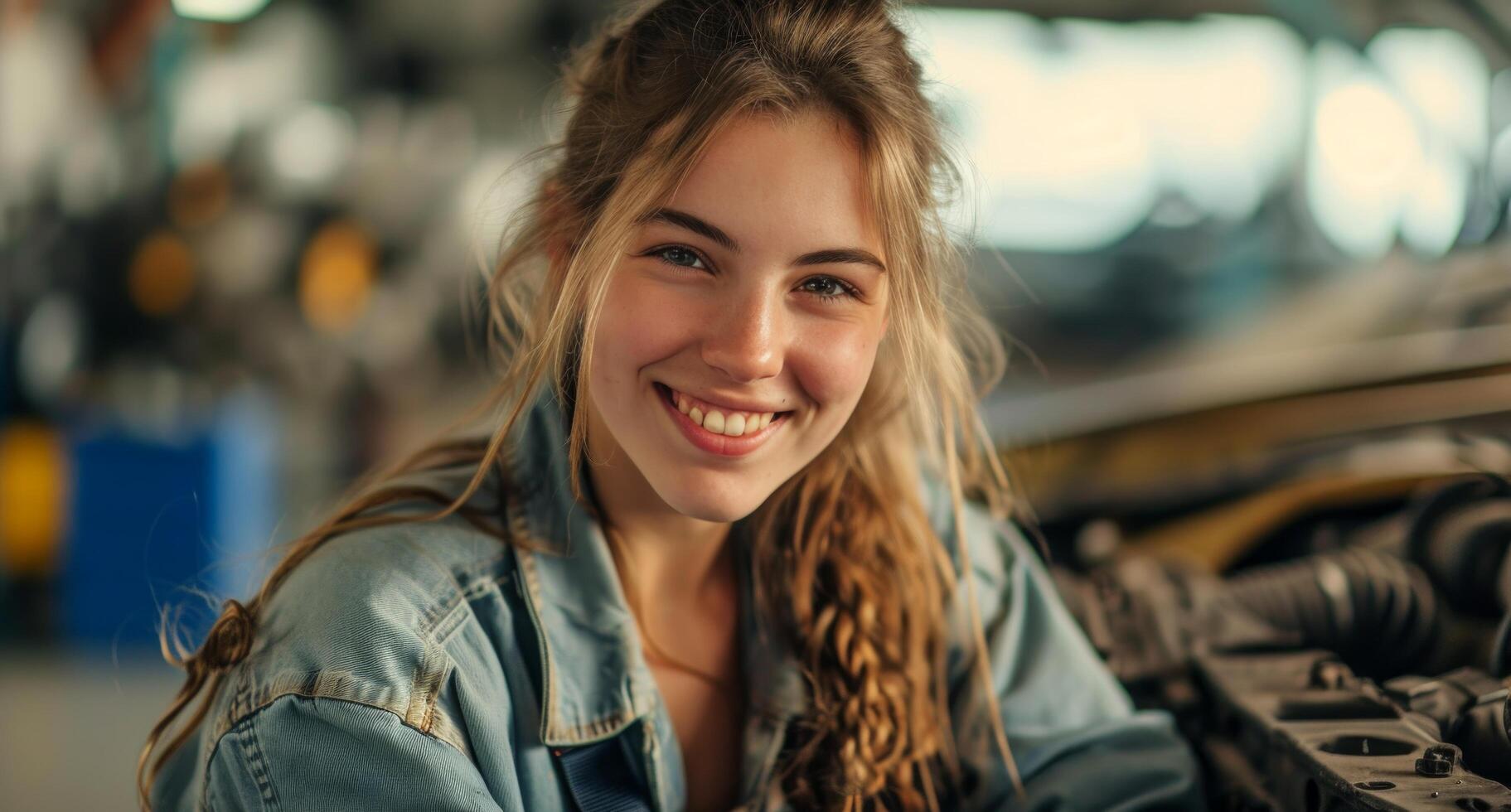 AI generated female mechanic smiling while working on a car photo