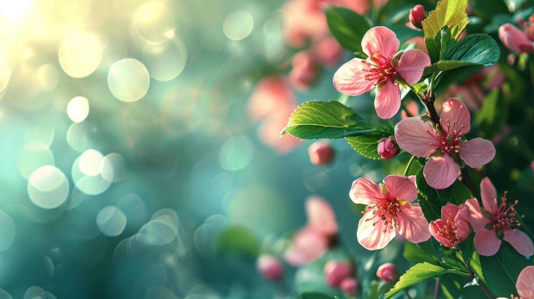 AI generated spring advertisment natural nackground with flowers, bokeh lights and copy space photo