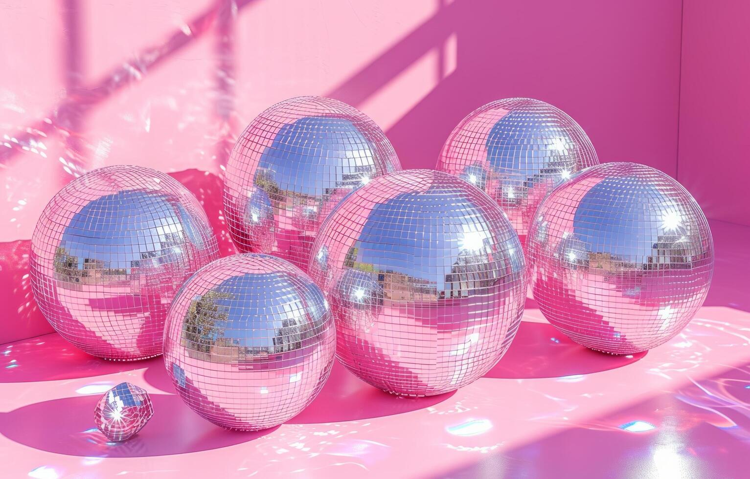 AI generated pink and silver disco balls on a pink surface photo