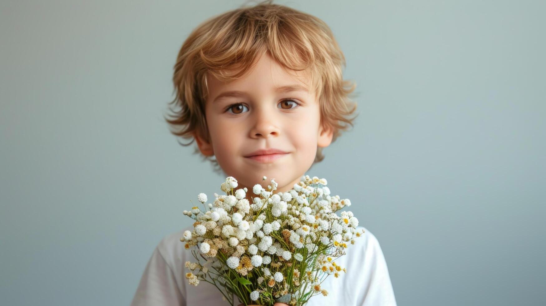 AI generated little boy fith flower bouquet on minimalist background with copy space photo