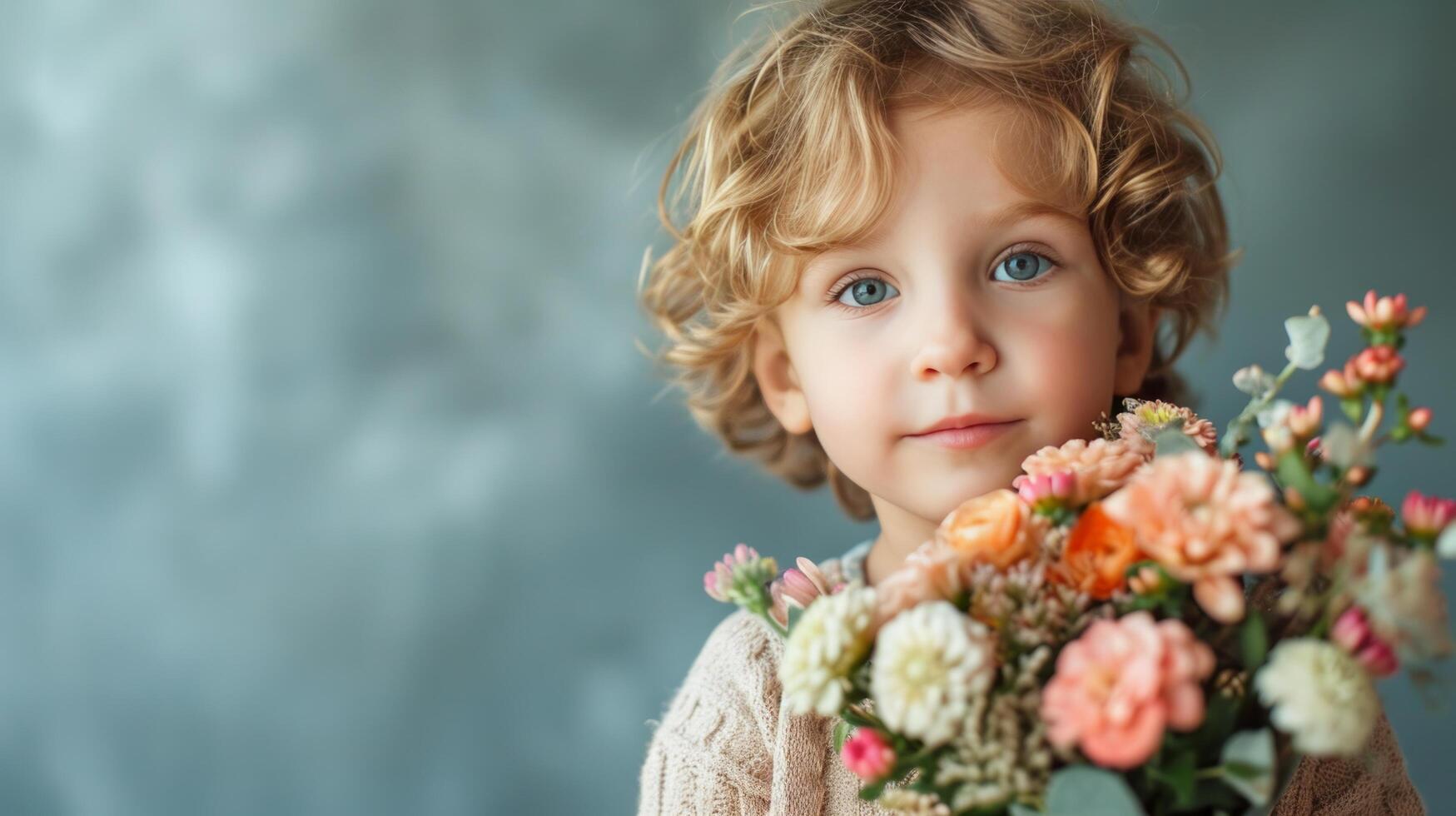 AI generated little boy fith flower bouquet on minimalist background with copy space photo