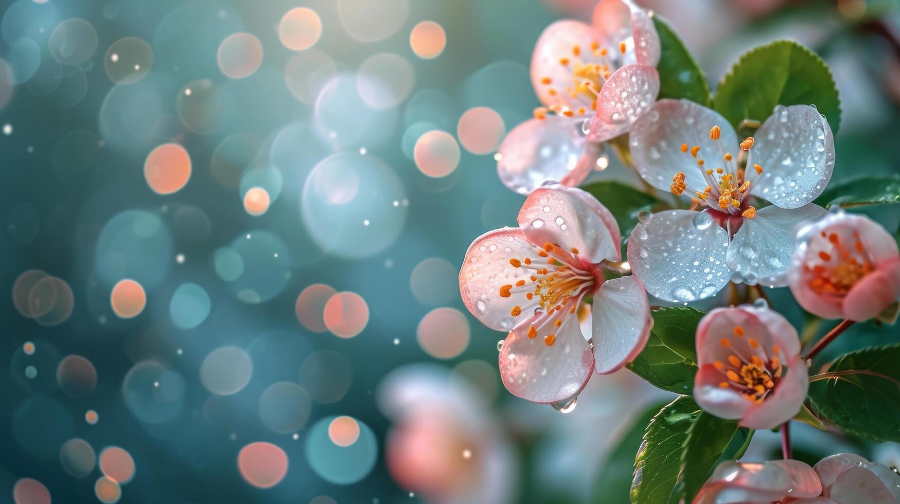 AI generated spring advertisment natural nackground with flowers, bokeh lights and copy space photo