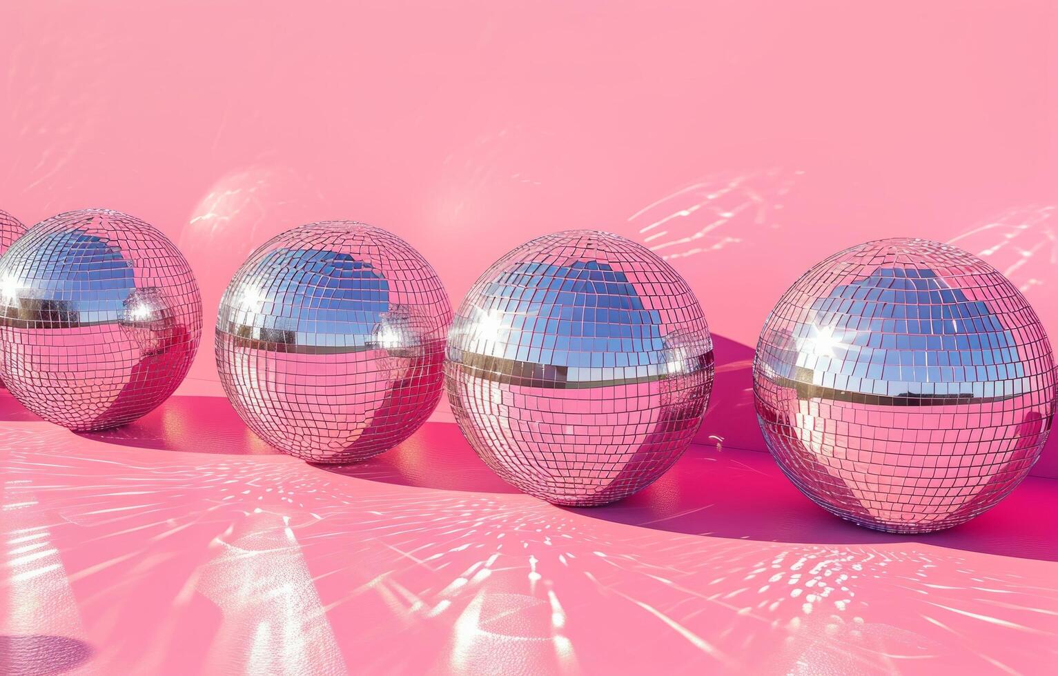 AI generated pink and silver disco balls on a pink surface photo
