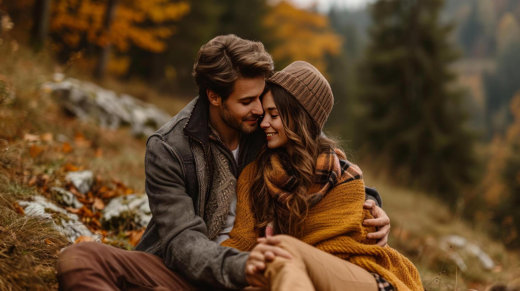 AI generated couple is hugging and sitting close in the forest photo