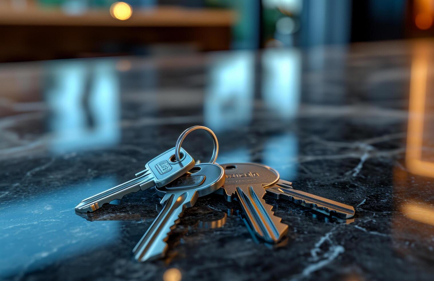 AI generated two keys sitting on a countertop in a house, photo