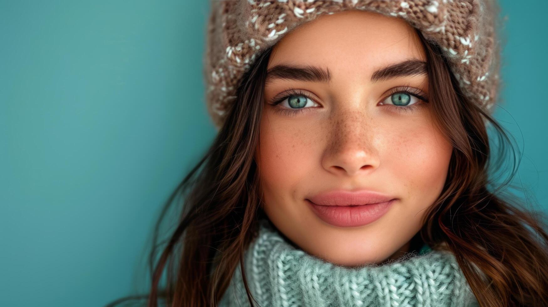 AI generated Close-up portrait of beautiful young brunette woman in knitted hat on minimalist vivid background photo