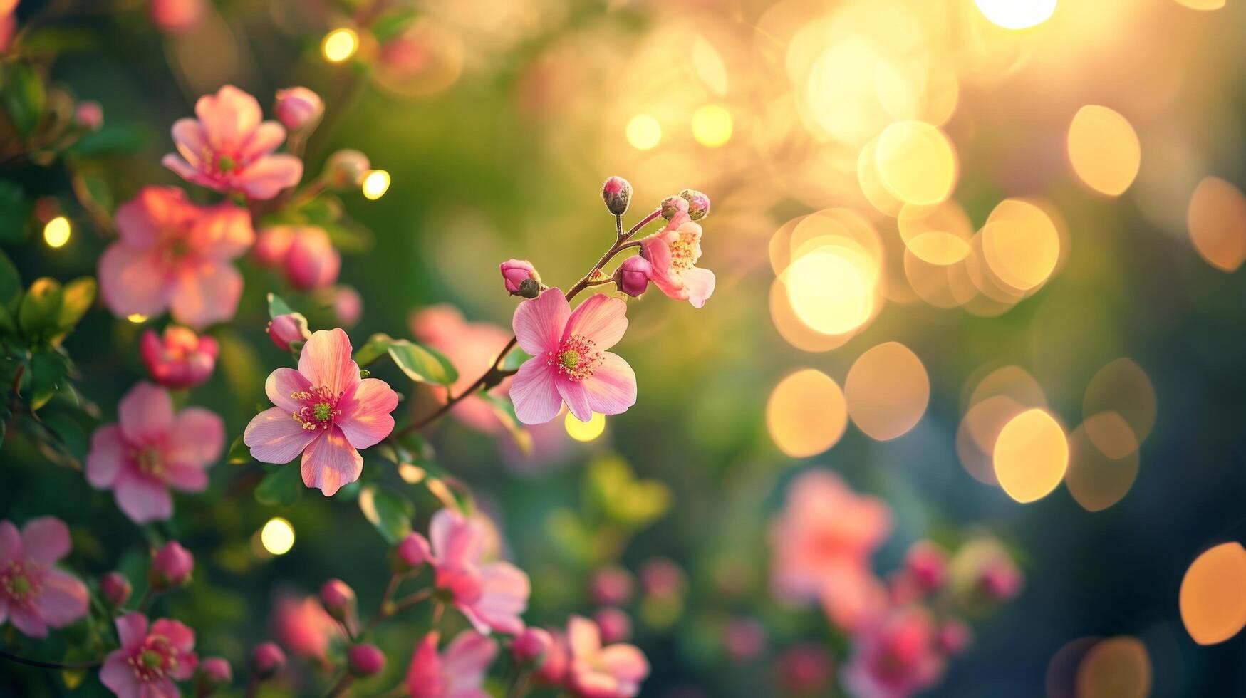 AI generated spring advertisment natural nackground with flowers, bokeh lights and copy space photo