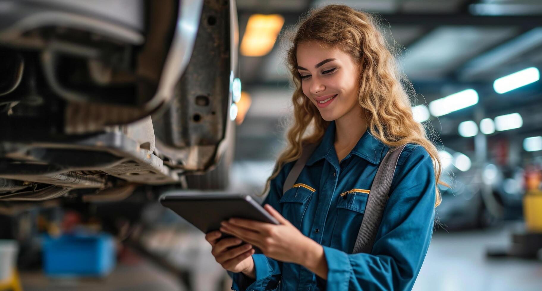 AI generated technician holding a tablet and a car under a garage stand photo