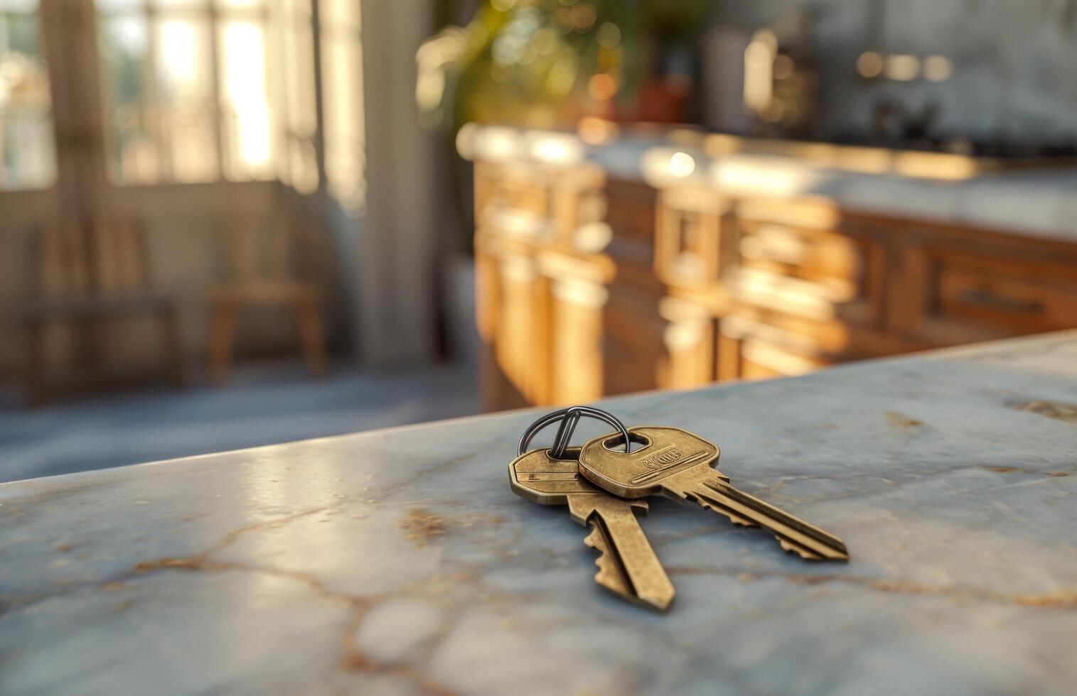AI generated two keys sitting on a countertop in a house, photo