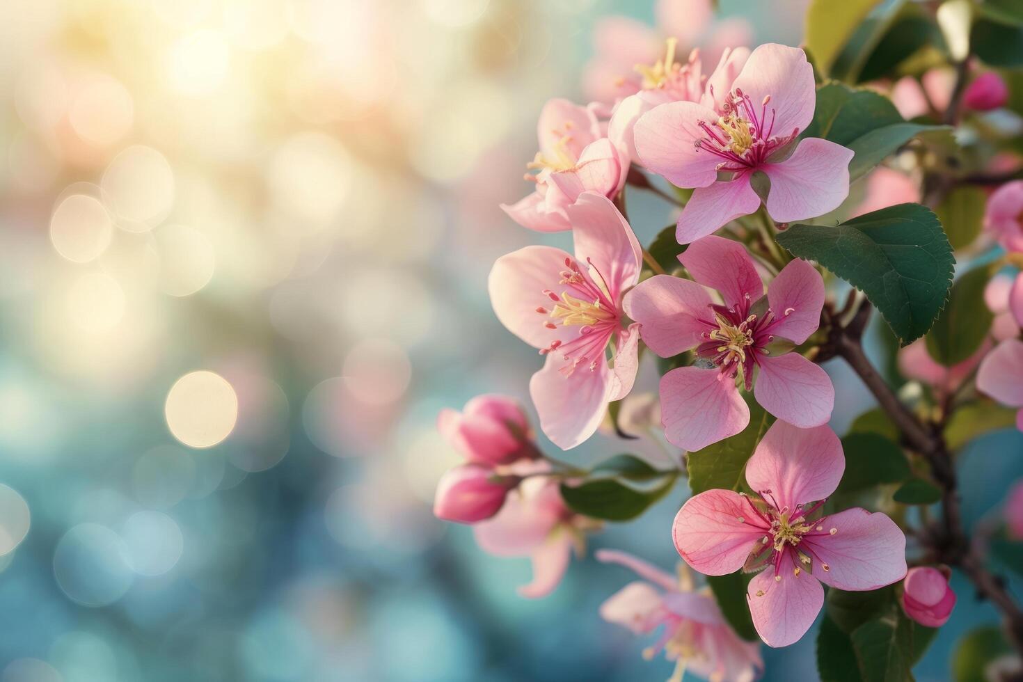 AI generated spring advertisment natural nackground with flowers, bokeh lights and copy space photo
