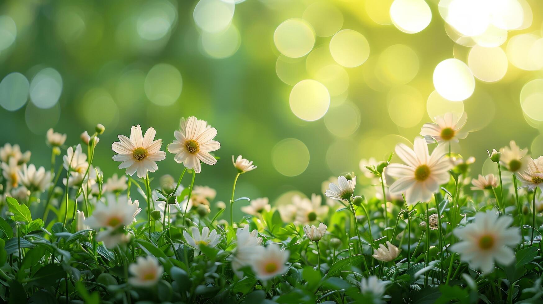 AI generated spring advertisment natural nackground with flowers, bokeh lights and copy space photo