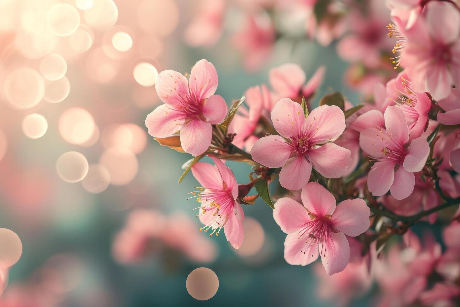 AI generated spring advertisment natural nackground with flowers, bokeh lights and copy space photo