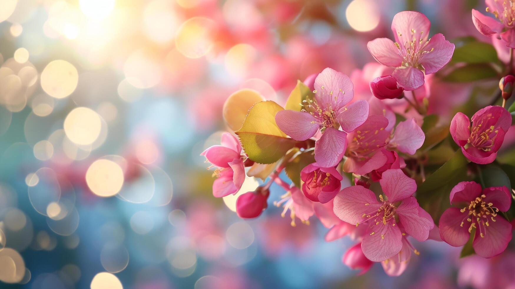 AI generated spring advertisment natural nackground with flowers, bokeh lights and copy space photo