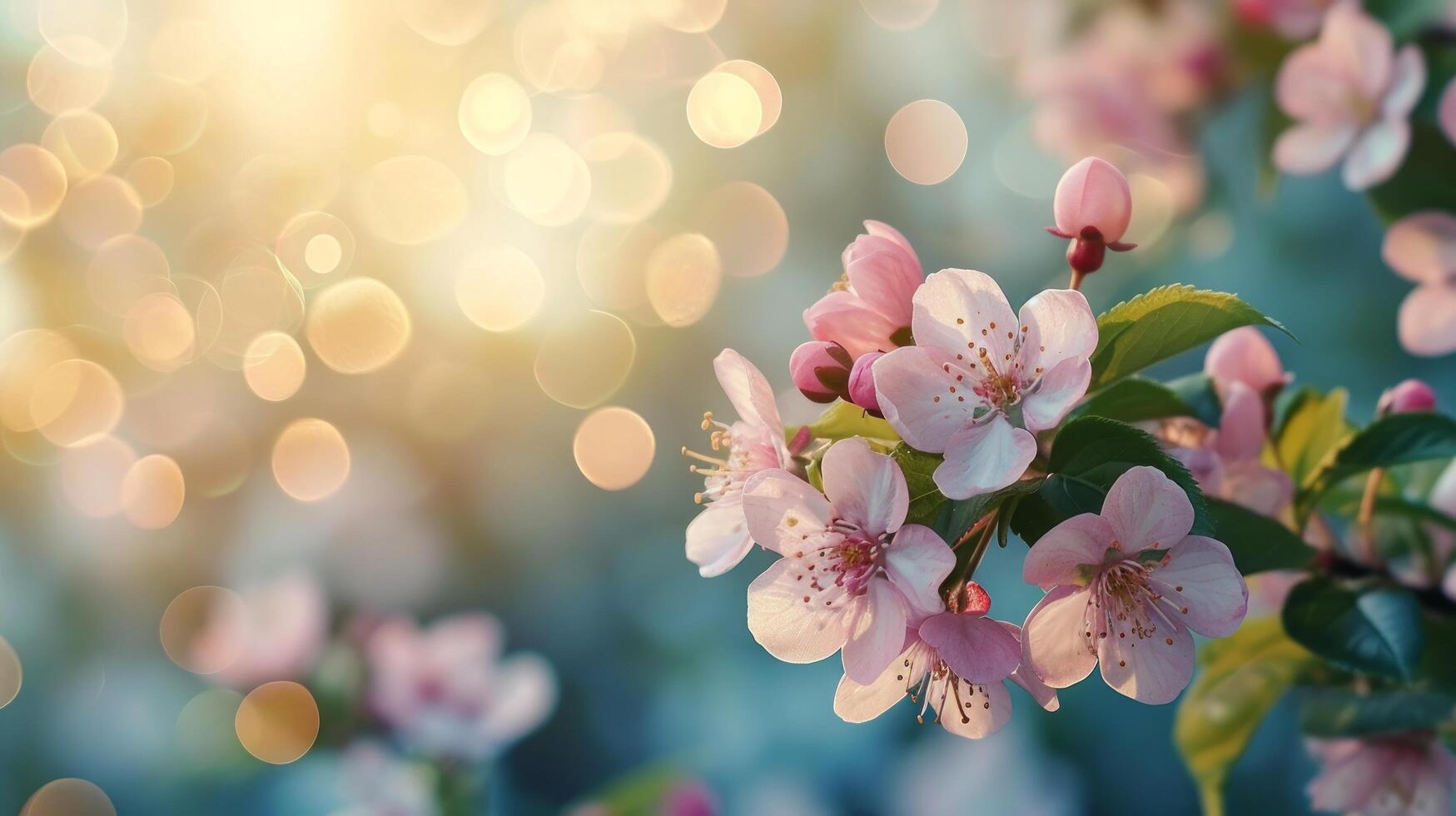 AI generated spring advertisment natural nackground with flowers, bokeh lights and copy space photo