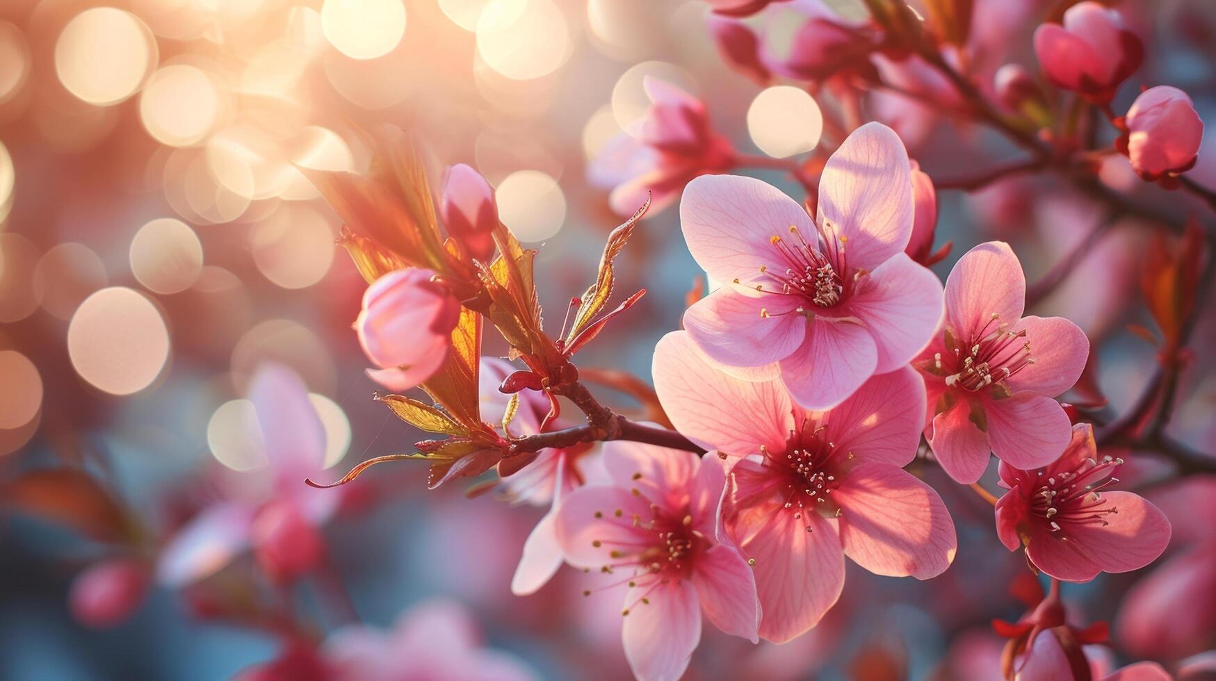 AI generated spring advertisment natural nackground with flowers, bokeh lights and copy space photo