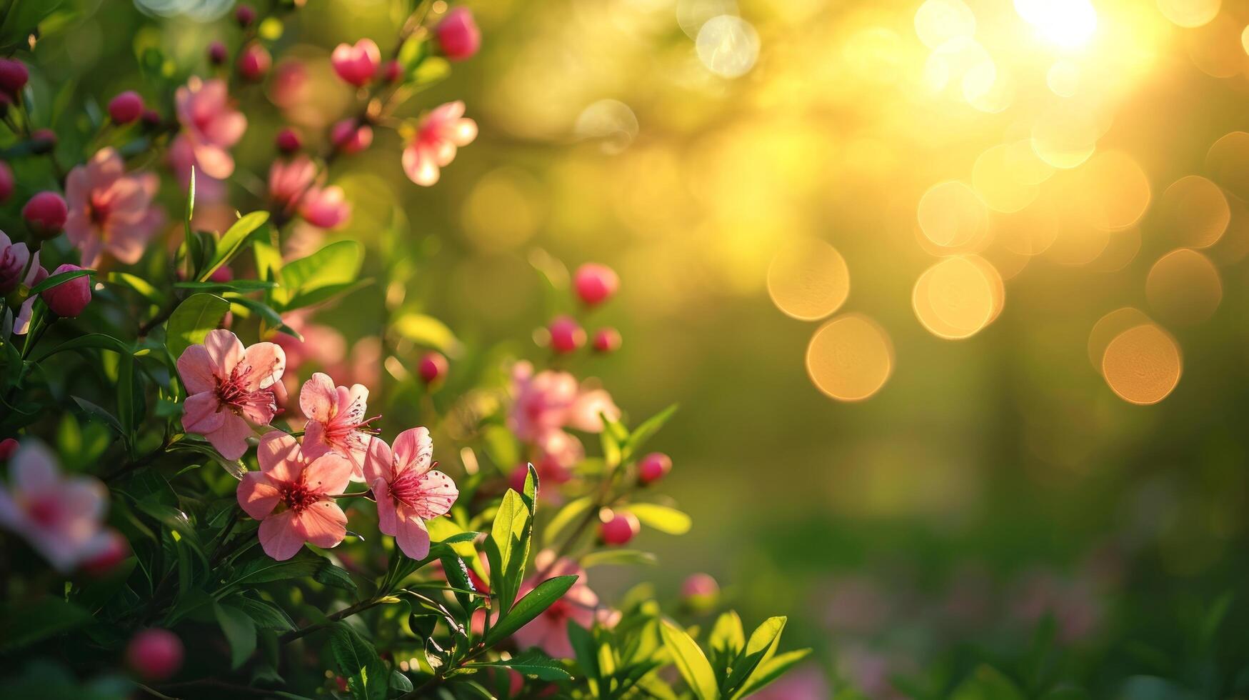 AI generated spring advertisment natural nackground with flowers, bokeh lights and copy space photo