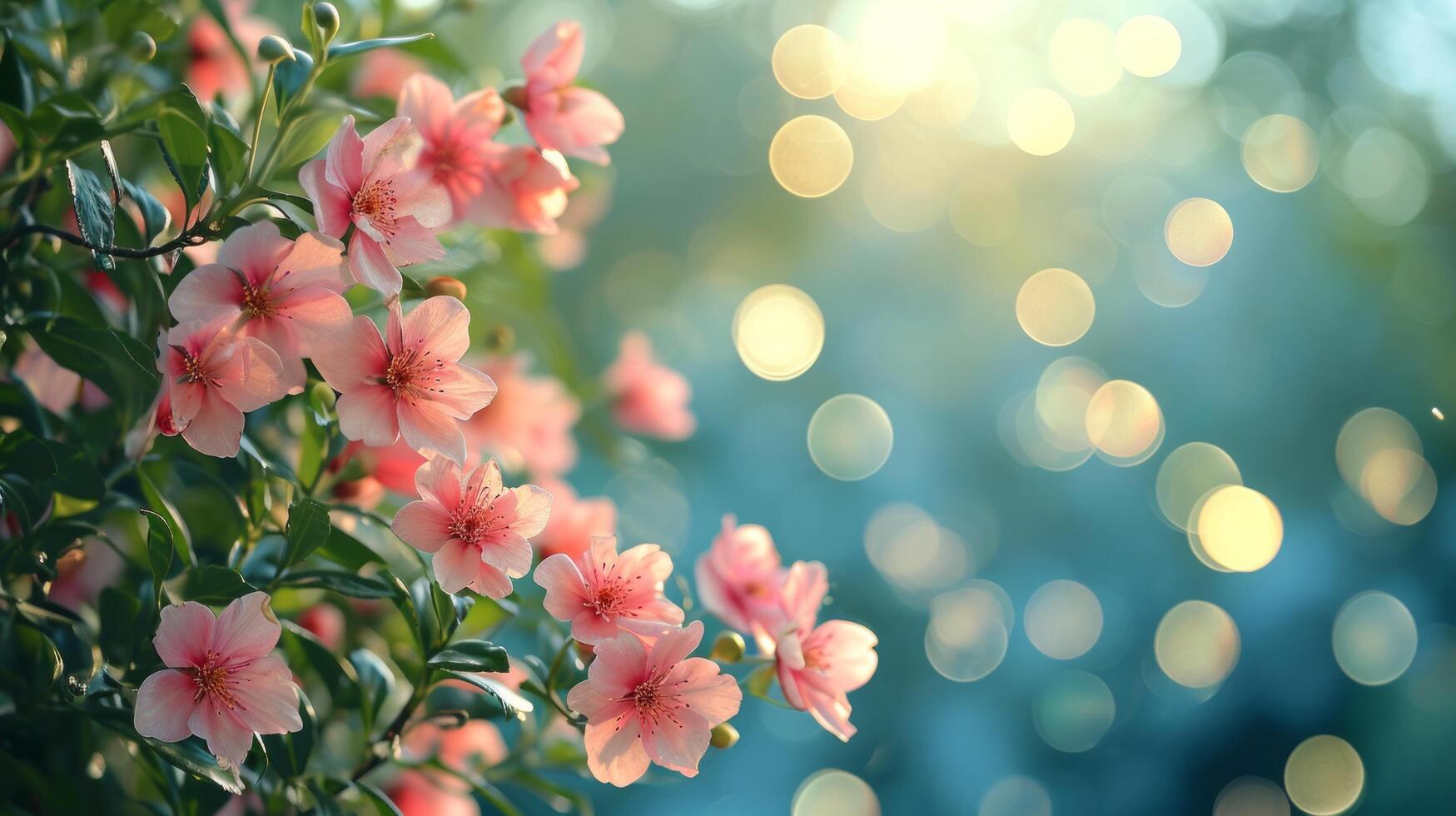 AI generated spring advertisment natural nackground with flowers, bokeh lights and copy space photo